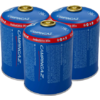Drie blauwe Campingaz-gaspatronen met een rode band en een goudkleurig ventiel bovenop, gelabeld "Isobutane Mix"