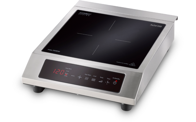 Rechthoekig apparaat met zwart glazen oppervlak met witte kruismarkering, zilverkleurige metalen behuizing, rood LED-display met "120", touch-symbolen en vier pootjes