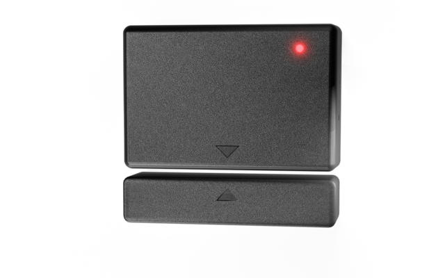 Zwei schwarze, rechteckige Geräte übereinander auf weißem Hintergrund, oberes Gerät mit kleinem roten Leuchtdiode, beide mit Dreieckssymbol auf der Vorderseite