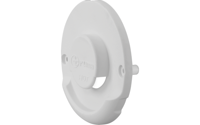 Weißes, ovales Kunststoff-Wandpaneel mit rundem Abdeckknopf; auf dem Knopf die Aufschrift 'HOT' und das Logo 'Truma'