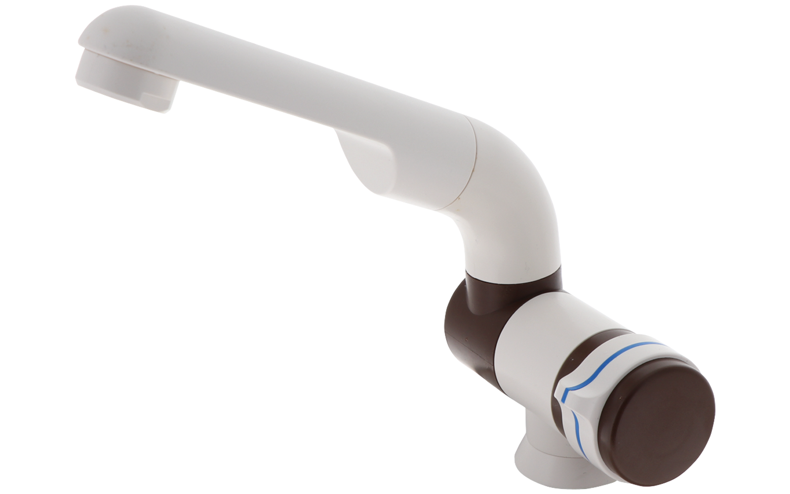 Rubinetto bianco con dettagli marroni e manopola rotonda con segni blu e rossi