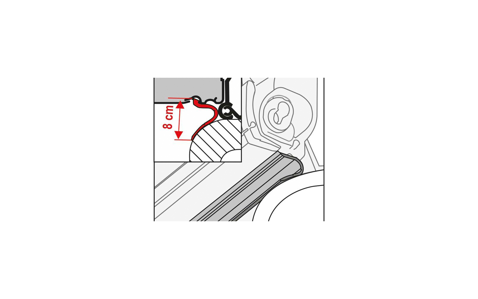 Schwarz-weiße technische Querschnittszeichnung mit rotem, gebogenem Profil, rotem Doppelpfeil mit "8 cm", schraffierter Fläche, gerippter Oberfläche und rundem Bauteil