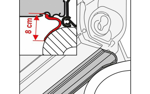 Schwarz-weiße technische Querschnittszeichnung mit rotem, gebogenem Profil, rotem Doppelpfeil mit "8 cm", schraffierter Fläche, gerippter Oberfläche und rundem Bauteil