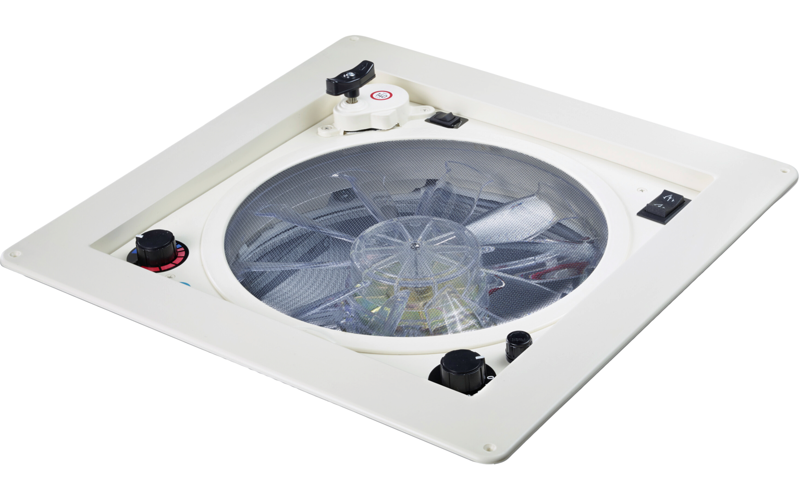 Weißer quadratischer Rahmen mit rundem transparentem Deckel, sichtbare Lüfterflügel, schwarze Einstellknöpfe und roter Drehknopf
