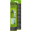 Grüne Verpackung mit großem Schriftzug 'PETEC POXY', Bild einer transparenten Spritze mit zwei Kammern und blauer Mischdüse, mehrere kreisförmige Piktogramme und Textspalten