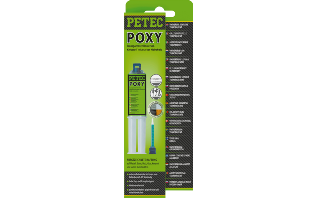 Grüne Verpackung mit großem Schriftzug 'PETEC POXY', Bild einer transparenten Spritze mit zwei Kammern und blauer Mischdüse, mehrere kreisförmige Piktogramme und Textspalten