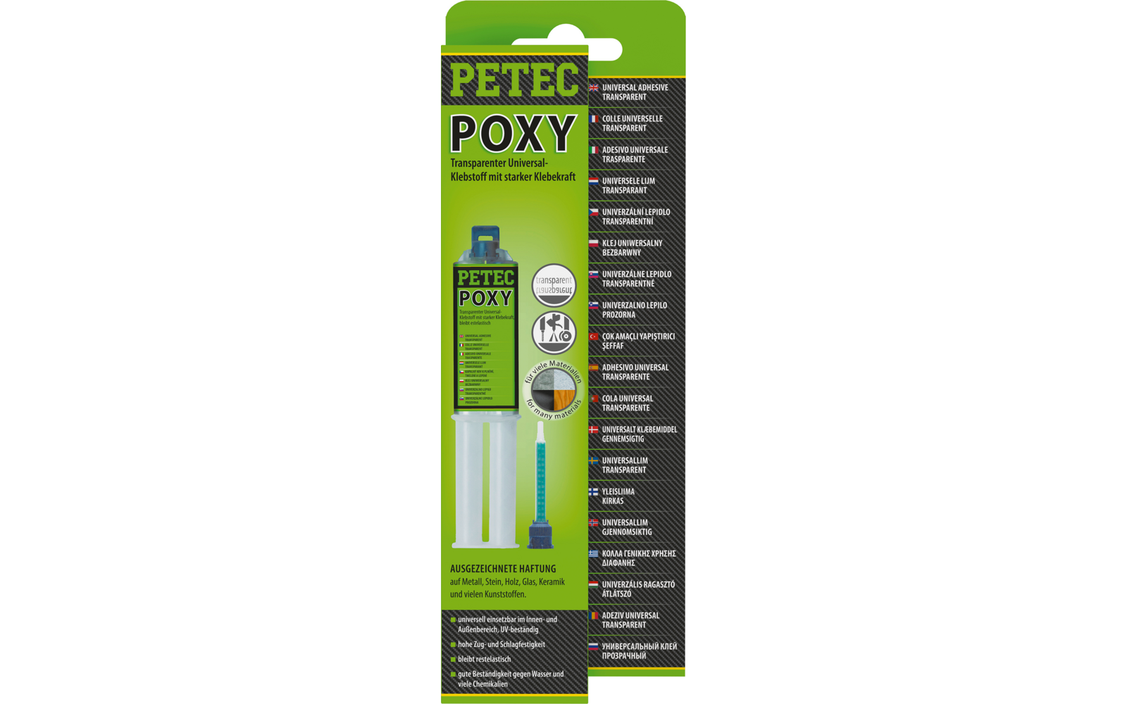 Grüne Verpackung mit großem Schriftzug 'PETEC POXY', Bild einer transparenten Spritze mit zwei Kammern und blauer Mischdüse, mehrere kreisförmige Piktogramme und Textspalten