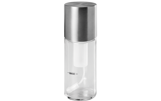 Transparente zylindrische Flasche mit silbernem Deckel, weißer Pumpe, innenliegendem Röhrchen und der Aufschrift ‚MAX‘