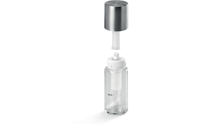 Transparente Kunststoffflasche mit weißem Pumpmechanismus und silbernem zylindrischem Deckel darüber, 'MAX'-Markierung auf der Flasche