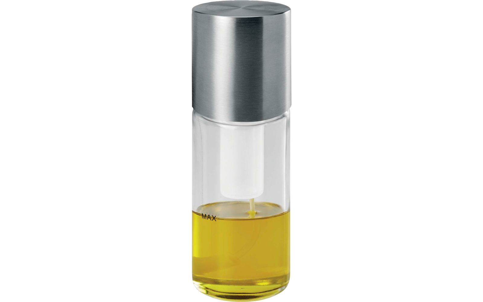 Zylindrische Glasflasche mit silbernem Metalldeckel und einem dünnen Innenrohr, etwa ein Viertel gefüllt mit gelber Flüssigkeit