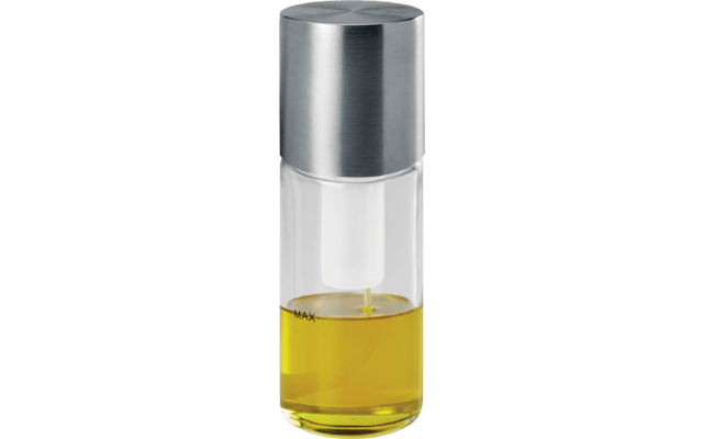 Zylindrische Glasflasche mit silbernem Metalldeckel und einem dünnen Innenrohr, etwa ein Viertel gefüllt mit gelber Flüssigkeit