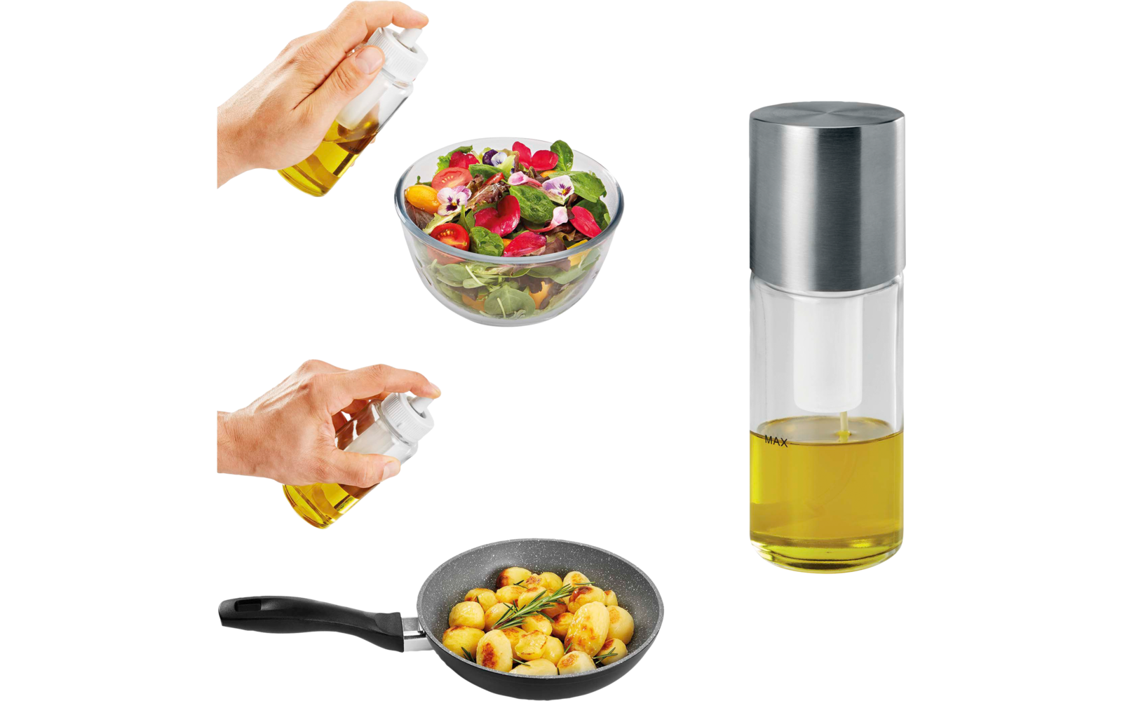 Hand sprüht Öl aus einer Sprühflasche über eine Schüssel mit Salat; weitere Hand sprüht Öl über eine Pfanne mit Kartoffeln; stehende Ölsprühflasche mit Metallverschluss