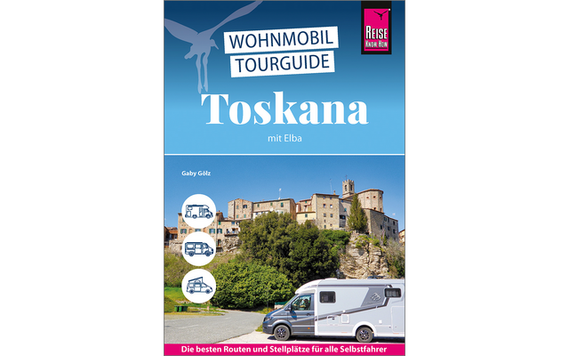 Titelbild eines Wohnmobil-Tourguides für die Toskana mit einem Wohnmobil im Vordergrund und einer Burg auf einem Hügel im Hintergrund