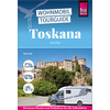 Titelbild eines Wohnmobil-Tourguides für die Toskana mit einem Wohnmobil im Vordergrund und einer Burg auf einem Hügel im Hintergrund