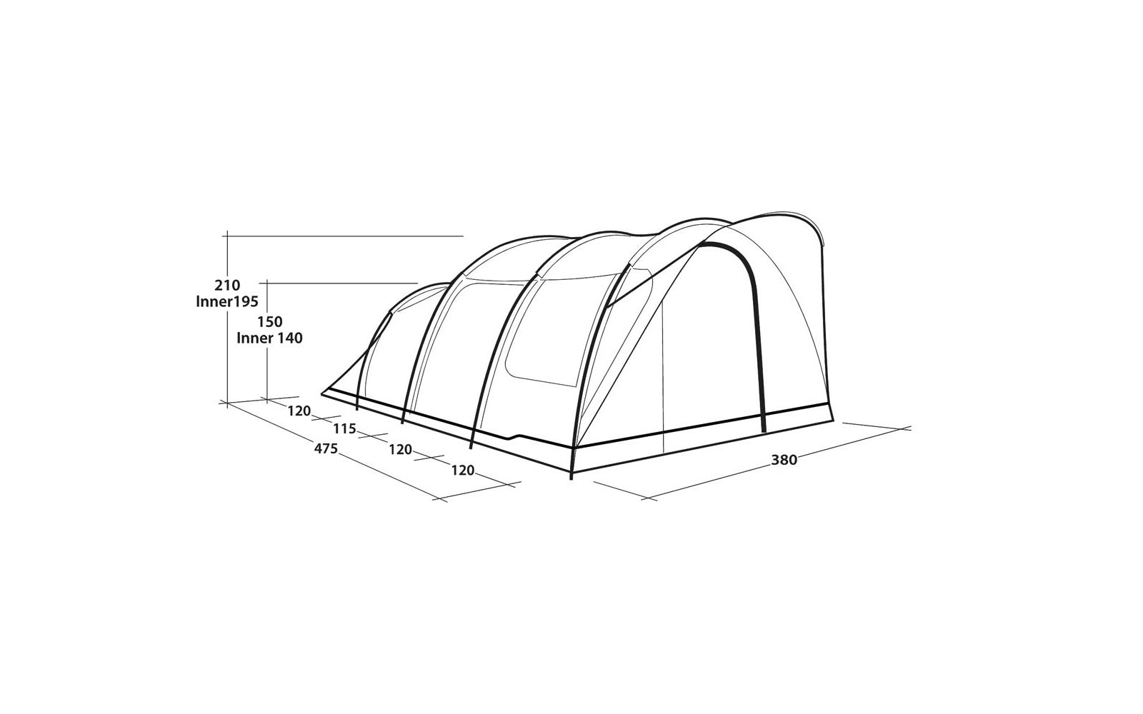 Zwart-witte lijntekening van een tunnelachtige constructie met drie achtereenvolgende bogen, vooropening met ritssluiting, rechthoekig zijvenster en maatlabels (bijv. 475, 380, 210, 195, 140, 120, 115)