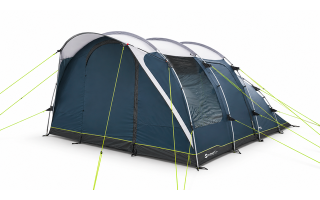 Blauwe tunneltent met meerdere gebogen stokken, witte bovenpanelen, ritsdeur voor links, rechthoekig raam met gaas rechts, neon‑groene scheerlijnen, op witte achtergrond