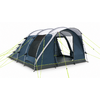 Tunnelvormige blauw-grijze tent met drie gebogen stokken, open ingang rechts en meerdere neongele scheerlijnen op witte achtergrond