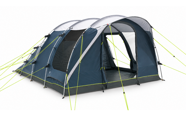 Tunnelvormige blauw-grijze tent met drie gebogen stokken, open ingang rechts en meerdere neongele scheerlijnen op witte achtergrond