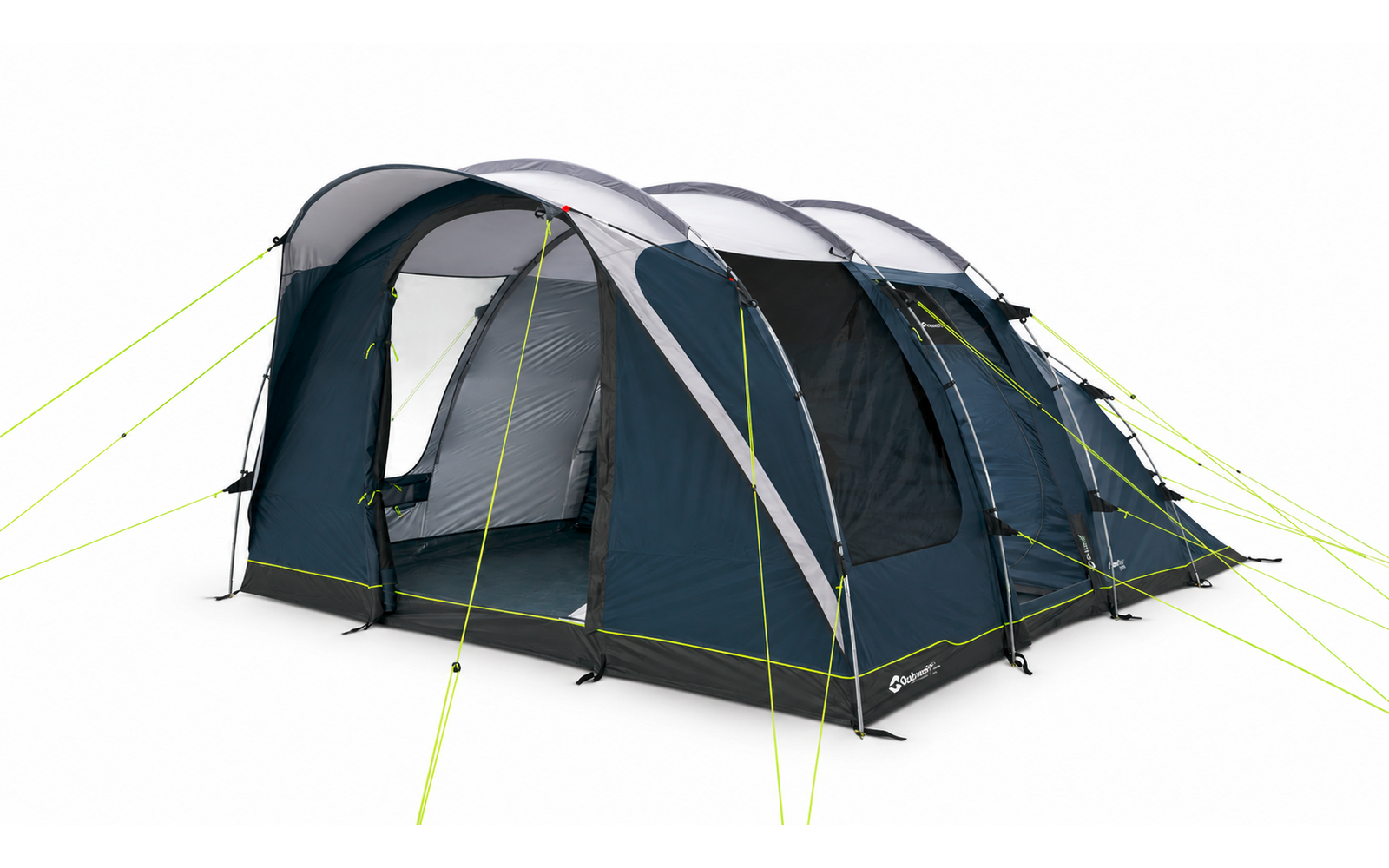 Grote blauw-grijze tent met drie gebogen stokken, gesloten ingangen en ramen en neonkleurige scheerlijnen op witte achtergrond