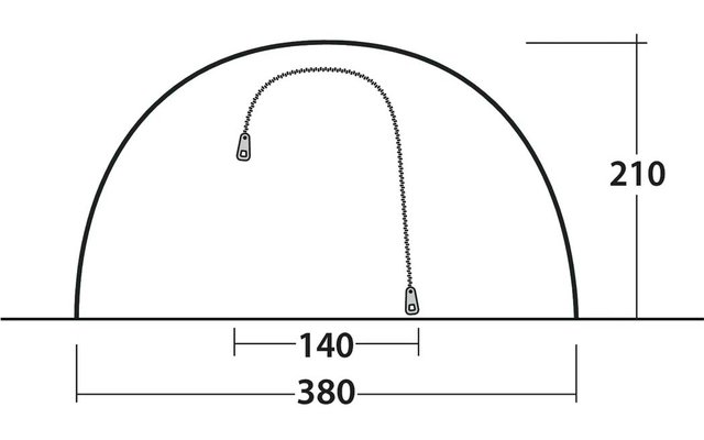 Technische tekening van een halve cirkelvormige hoes op een basislijn met een gestippelde ritssluitinglijn, twee ritsschuivers en afmetingen: 380 (breedte), 140 (binnenbreedte), 210 (hoogte)