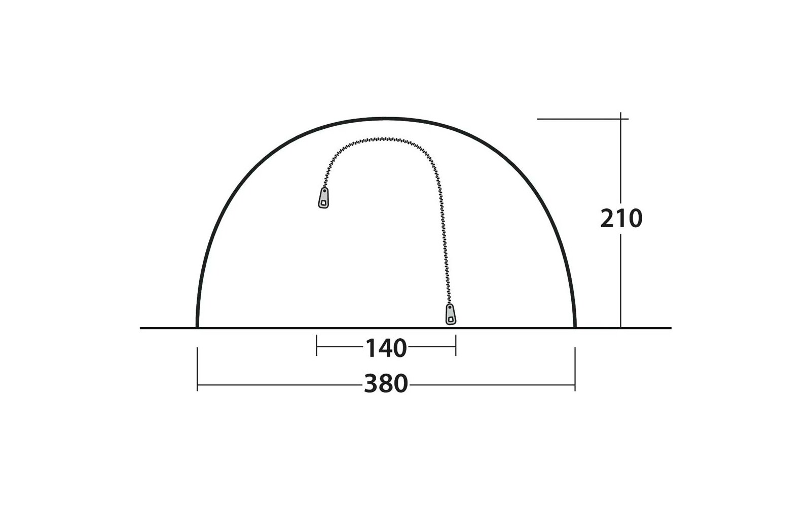 Technische tekening van een halve cirkelvormige hoes op een basislijn met een gestippelde ritssluitinglijn, twee ritsschuivers en afmetingen: 380 (breedte), 140 (binnenbreedte), 210 (hoogte)