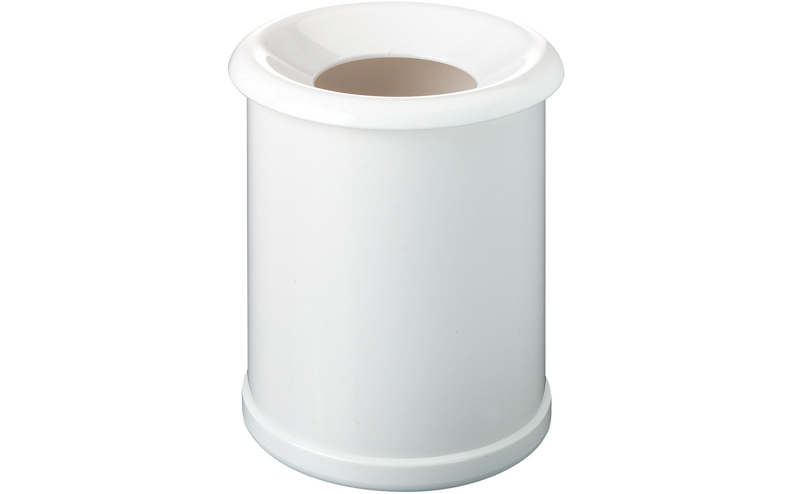 Weißer, glatter, zylindrischer Behälter mit breitem, abgerundetem Rand und offenem oberen Ende