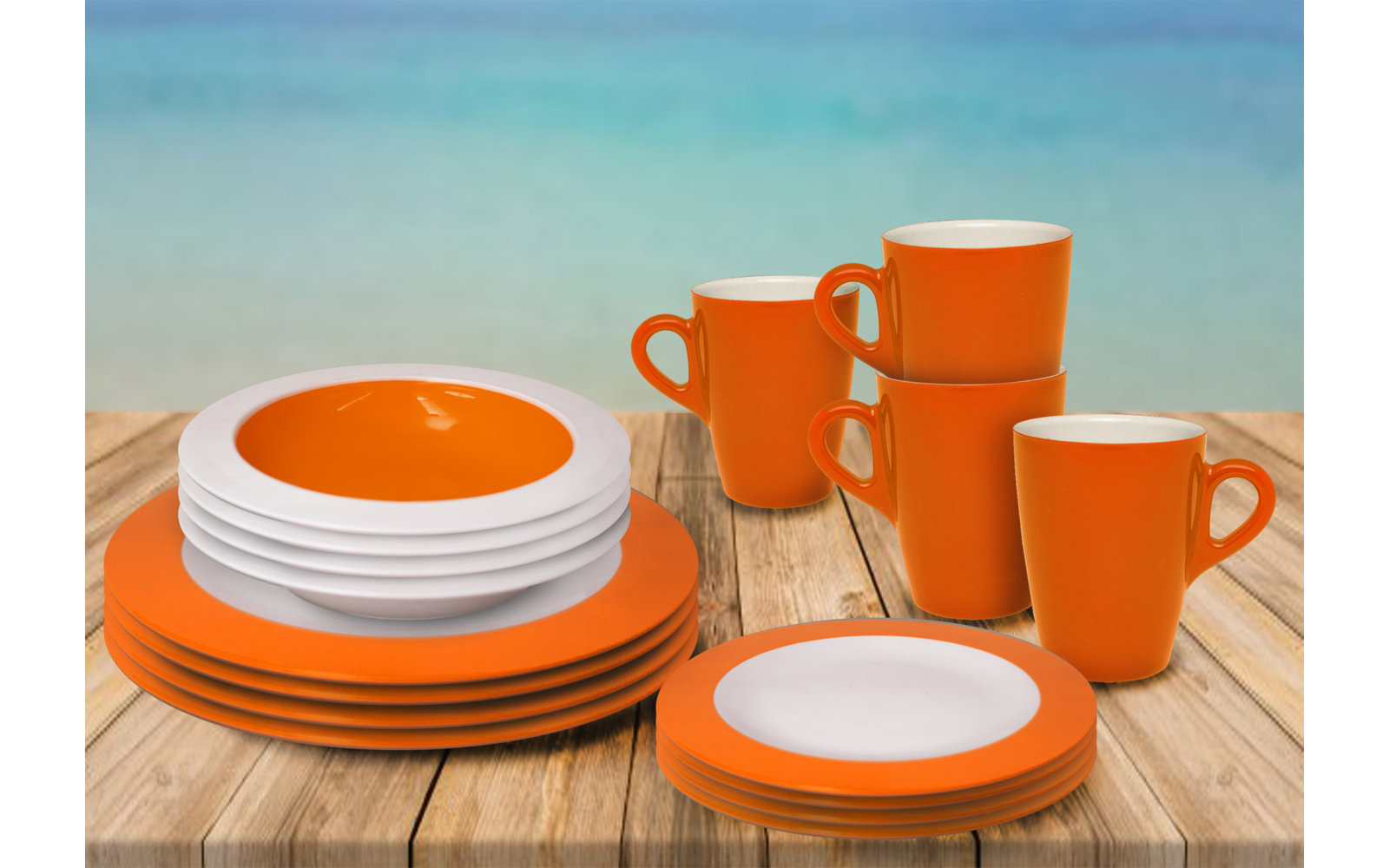 Meerdere oranje-witte borden en kopjes op een houten tafel met een blauwe achtergrond