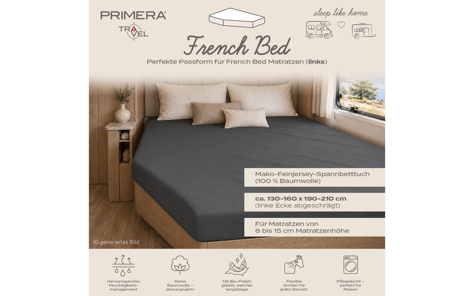 Donkergrijs hoeslaken op een French-bed in een camperinterieur, drie beige kussens bij het hoofdeinde, houten bedframe, klein nachtkastje met vaas en droogbloemen, raam met landschap, producttekst en logo's zichtbaar