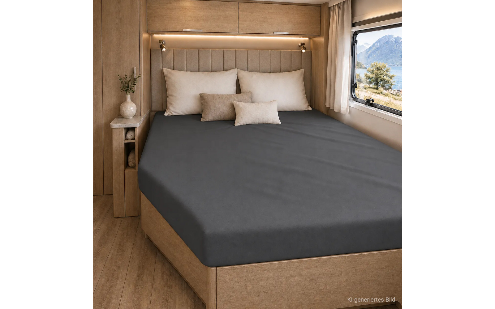 Tweepersoonsbed in een camper met donkergrijs hoeslaken, drie kussens, houten wandbekleding, nachtkastje met vaas en raam met uitzicht op een meer en bergen