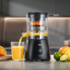 Extracteur de jus électrique noir sur le plan de travail de la cuisine, le jus coule du bec dans un verre, demi-orange sur une planche à gauche, oranges entières et citrons verts à droite