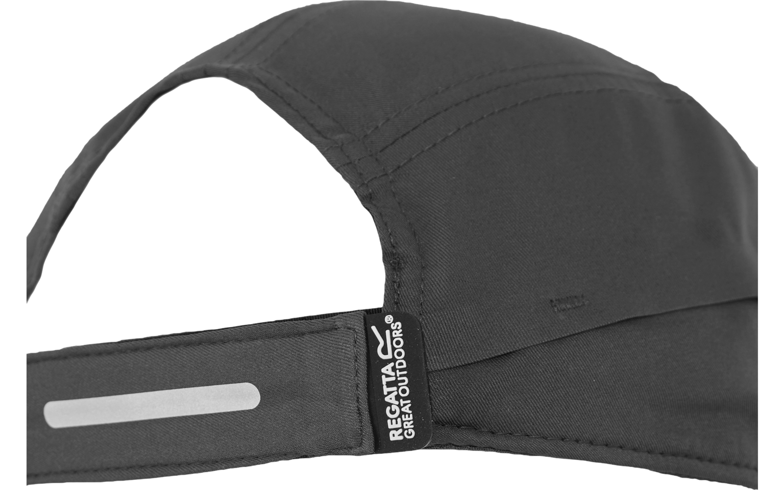 Dark gray cap seen from the side, adjustable fabric strap with reflective strip and sewn fabric tag reading 'Regatta Great Outdoors'