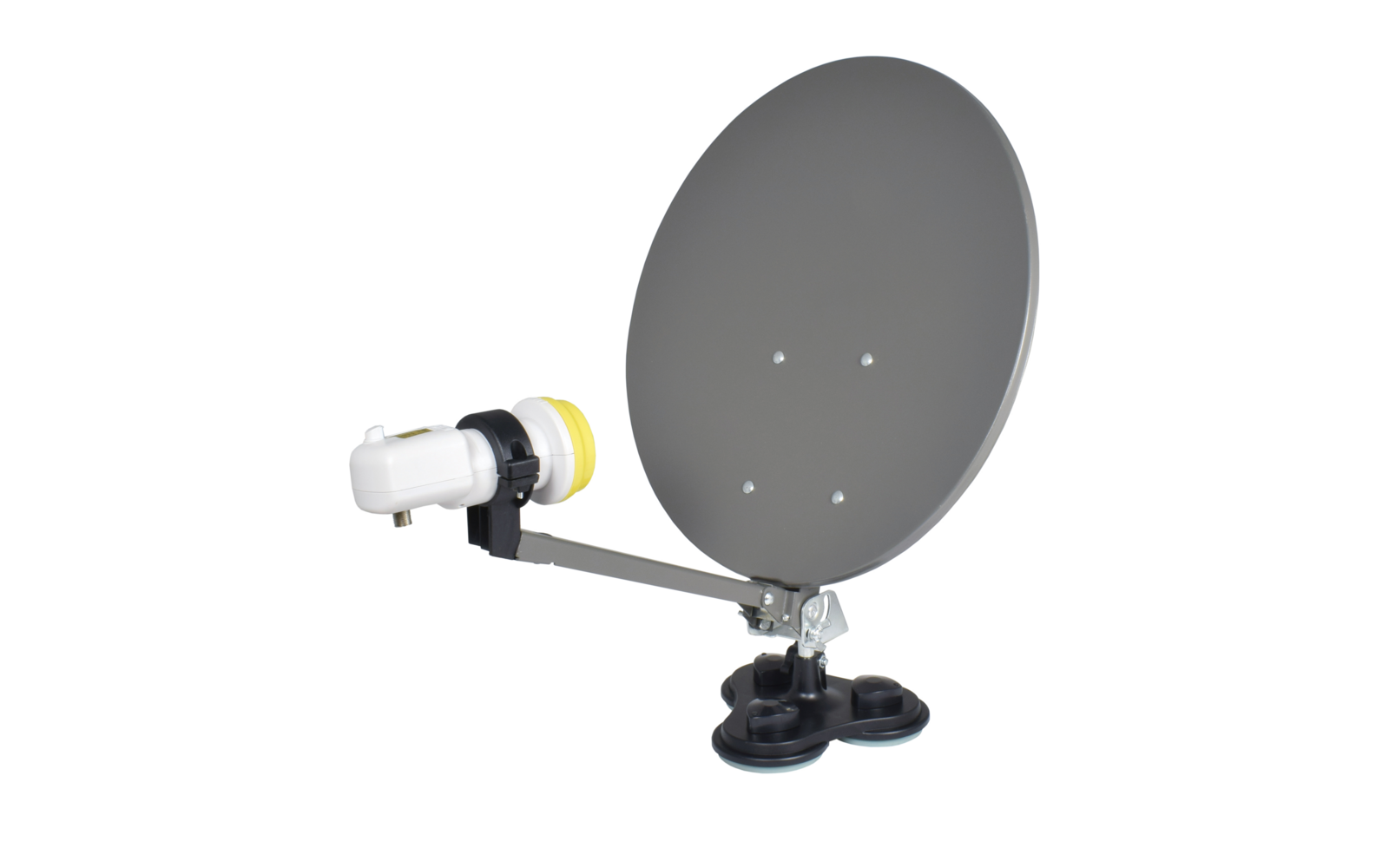 Kleine graue Satellitenschüssel auf ausgestrecktem Arm mit weiß-gelbem LNB, befestigt an schwarzer Saugnapfhalterung vor weißem Hintergrund