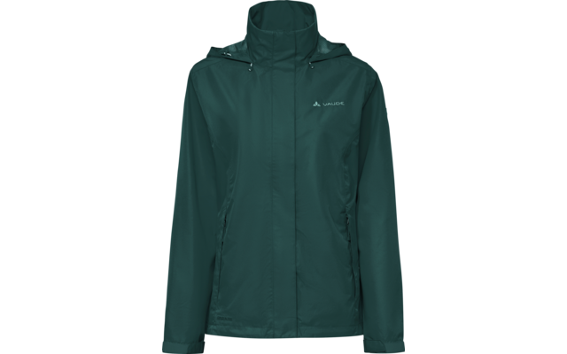 Chaqueta impermeable verde oscuro con capucha, cremallera oculta, dos bolsillos laterales con cremallera y pequeño logo blanco en el pecho izquierdo
