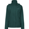Chaqueta impermeable verde oscuro con capucha, cremallera oculta, dos bolsillos laterales con cremallera y pequeño logo blanco en el pecho izquierdo