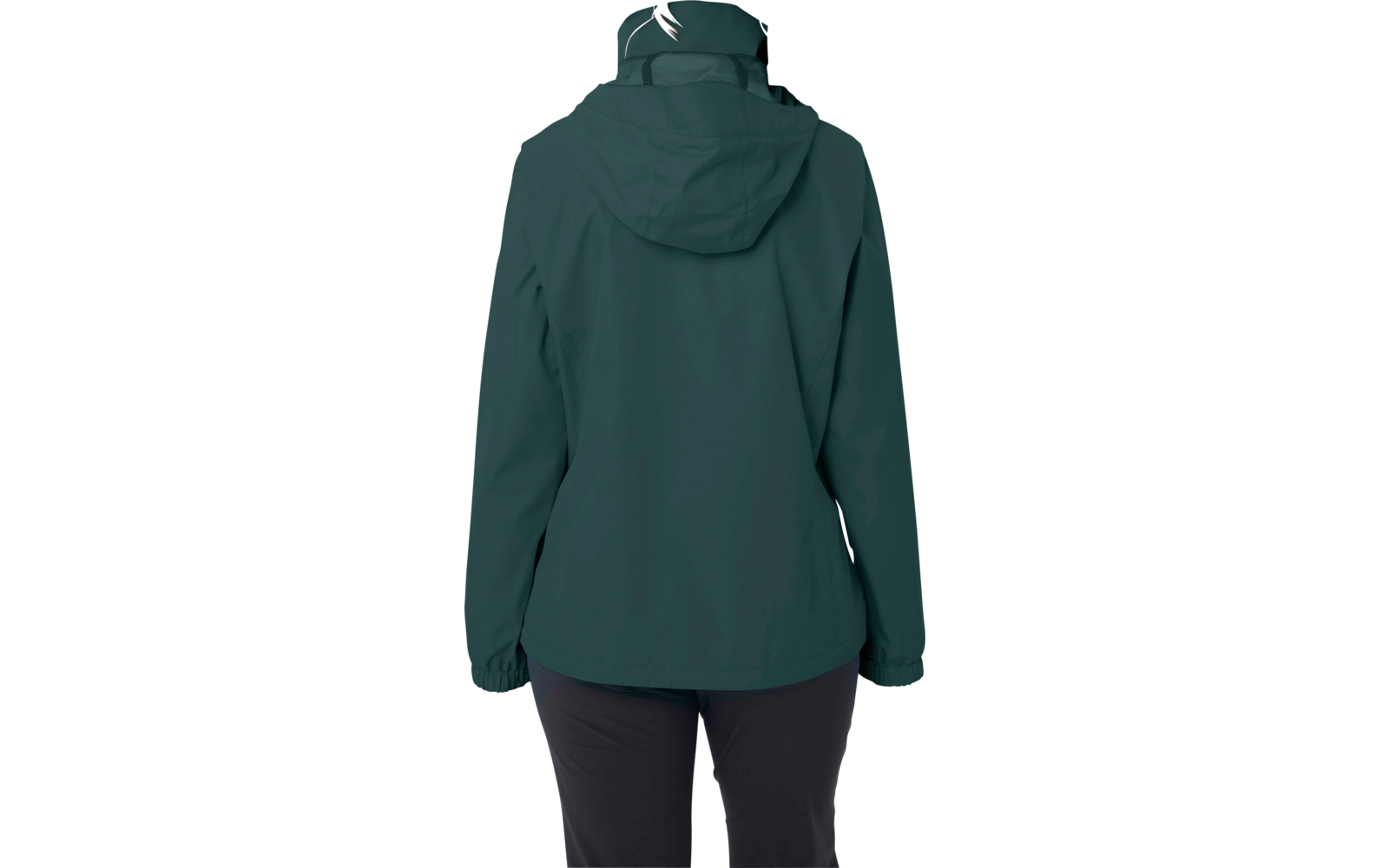 Persona vista de espaldas con chaqueta con capucha verde oscuro, cabello en coleta, pantalones negros, fondo blanco