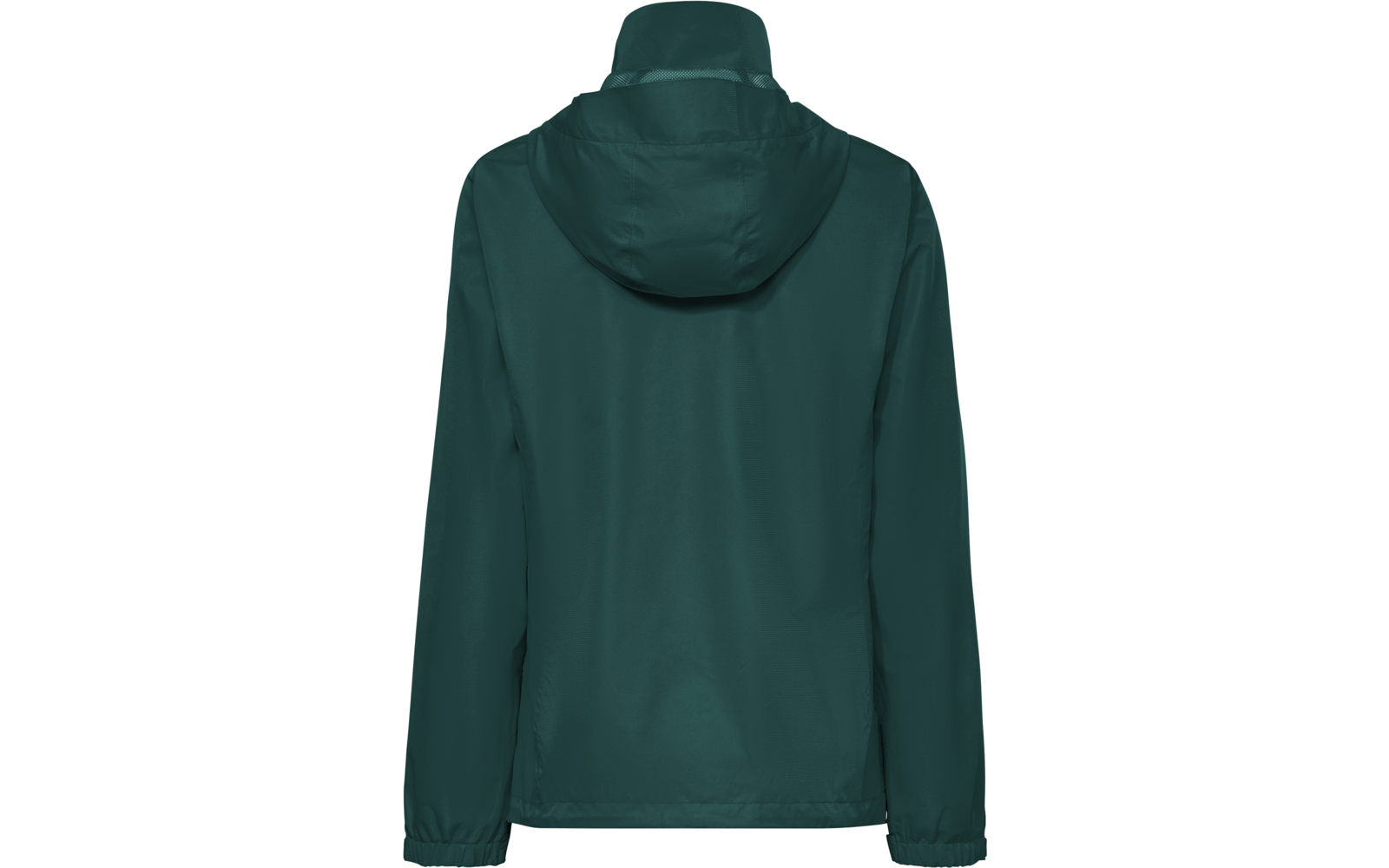 Dunkelgrüne Kapuzenjacke, Rückansicht, sichtbare Nähte und elastische Bündchen