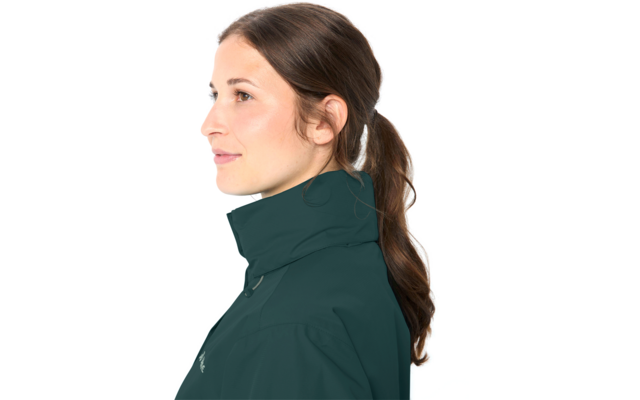 Seitenansicht einer Person mit braunem Pferdeschwanz, die eine dunkelgrüne Jacke mit hohem Kragen trägt