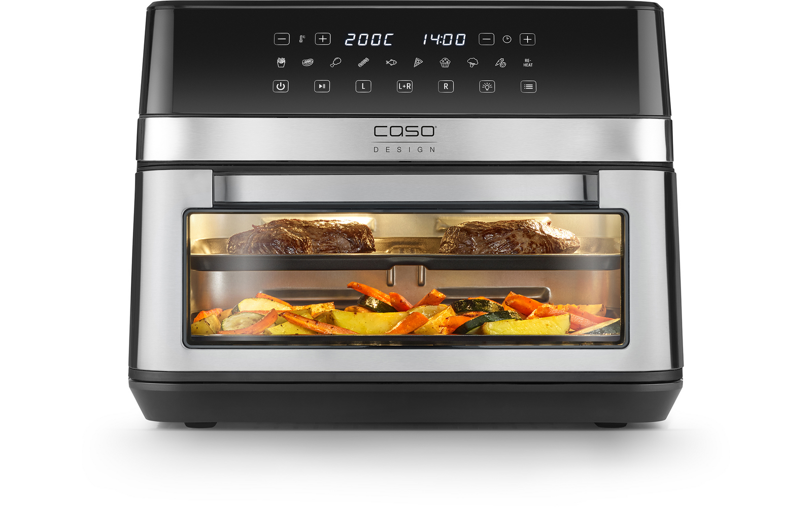 RVS compacte oven met digitaal display, twee niveaus: boven twee stukken vlees, onder geroosterde groenten, glazen deur met binnenverlichting