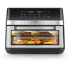 RVS compacte oven met digitaal display, twee niveaus: boven twee stukken vlees, onder geroosterde groenten, glazen deur met binnenverlichting