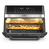 Open oven met merk "CASO", digitale display en twee bakplaten: boven pizza, onder frieten
