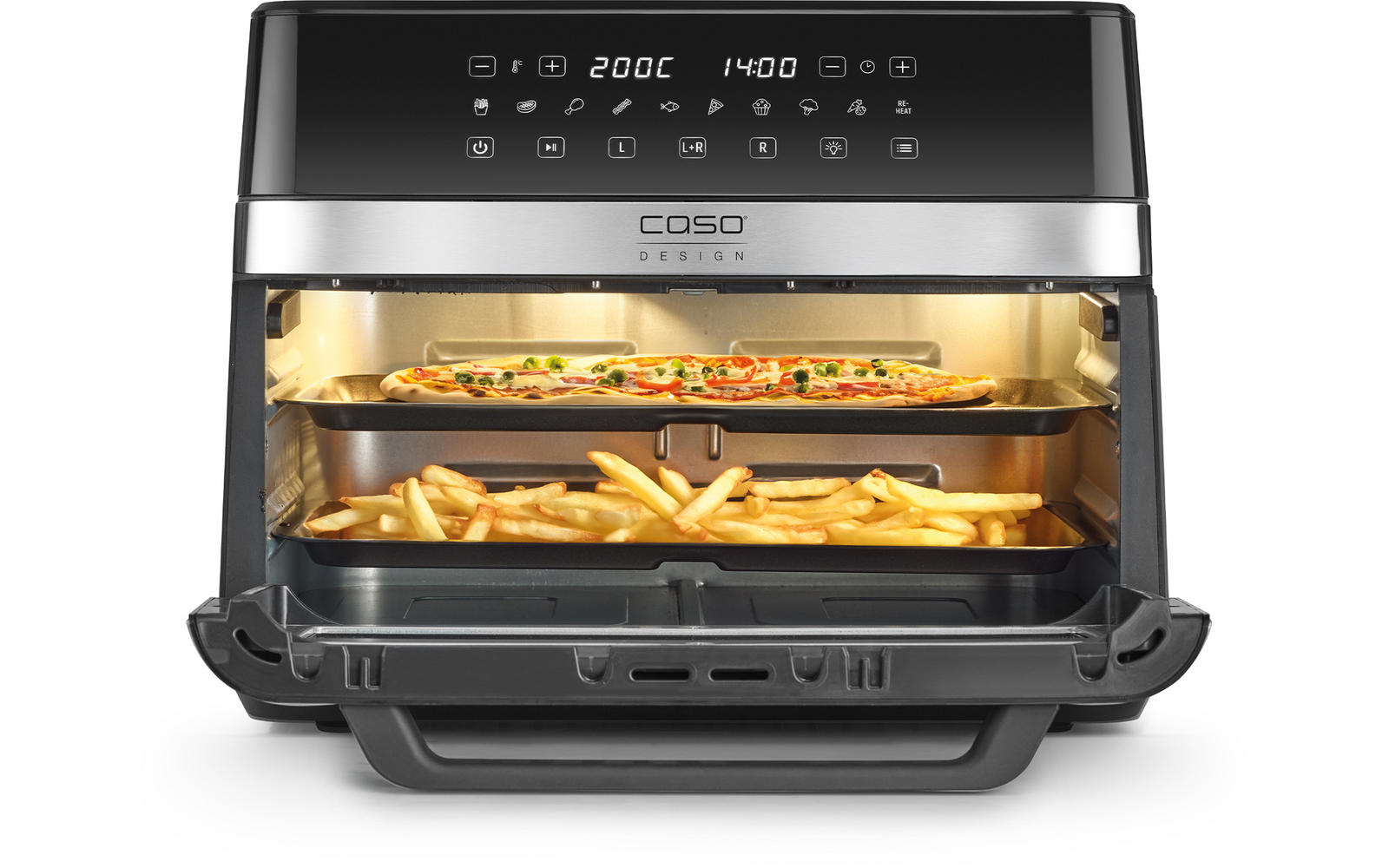Open oven met merk "CASO", digitale display en twee bakplaten: boven pizza, onder frieten