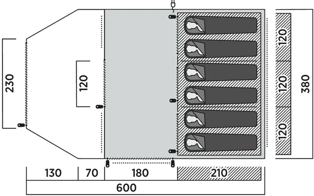 Technische Zeichnung eines Geräts mit fünf runden Komponenten nebeneinander, Maße in Millimetern