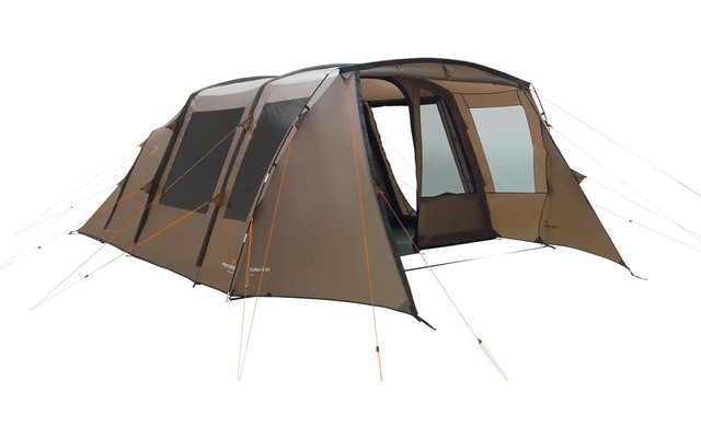 Großes braunes und beiges Campingzelt mit Fenstern und Tür an einer Seite