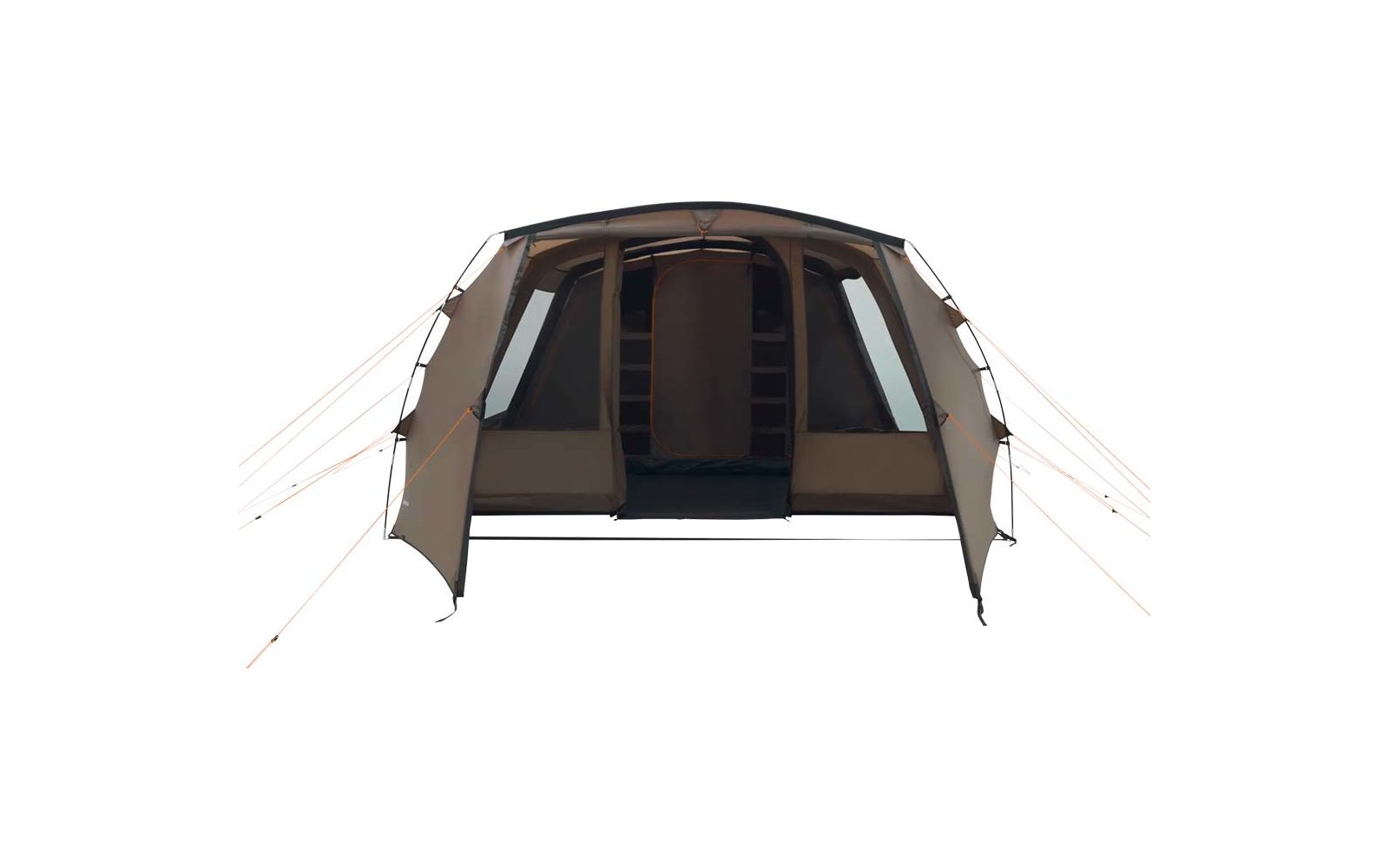 Aufgebaute, große Campingzelttür mit geöffneten Fensterklappen auf beiden Seiten