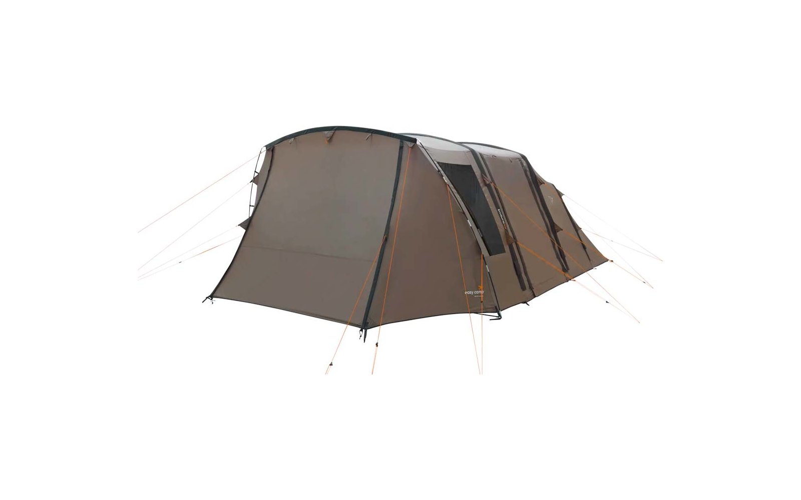 Großes braunes Campingzelt mit mehreren Fenstern und Eingängen