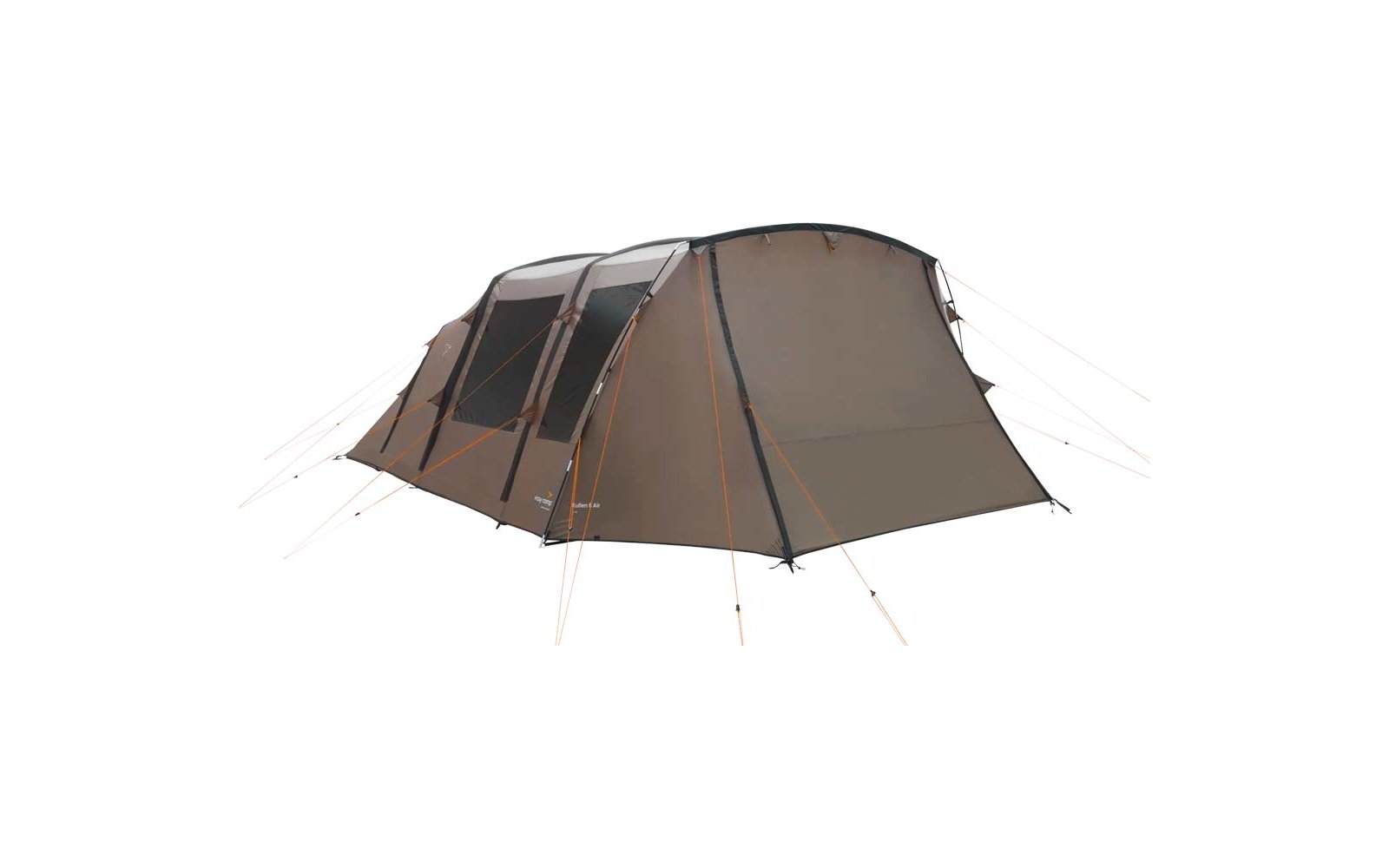 Großes braunes Zelt mit mehreren Bereichen auf grüner Wiese