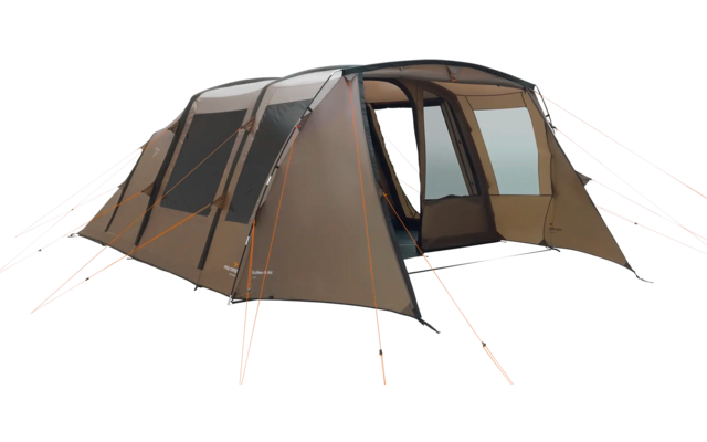 Großes braunes und beiges Campingzelt mit Fenstern und Tür an einer Seite