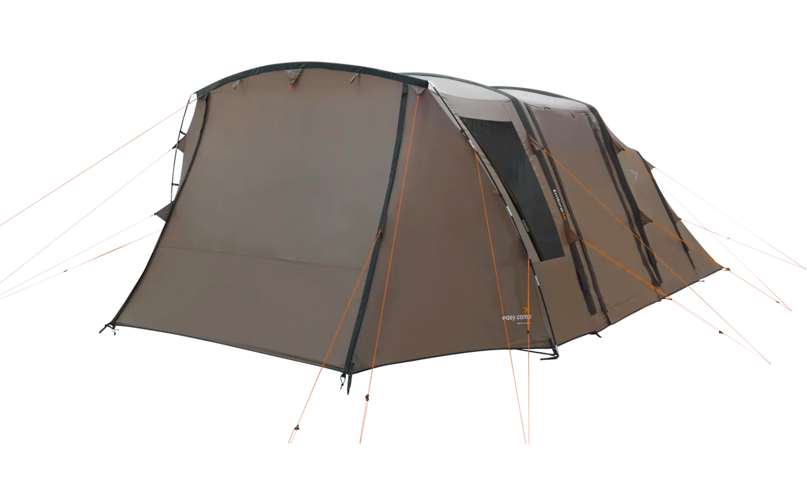 Großes braunes Campingzelt mit mehreren Fenstern und Eingängen