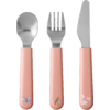 Löffel, Gabel und Messer mit rosa Griffen und kleinen Tiermotiven