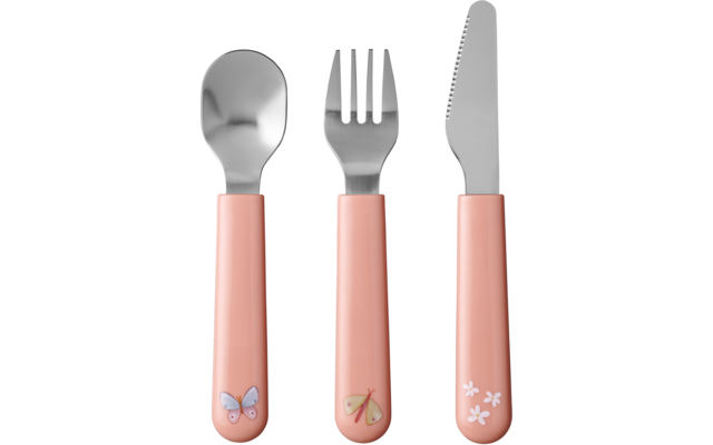 Löffel, Gabel und Messer mit rosa Griffen und kleinen Tiermotiven